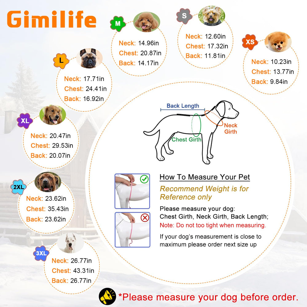 Gimilife warm dog winter coat size range offers eight sizes for many breeds.