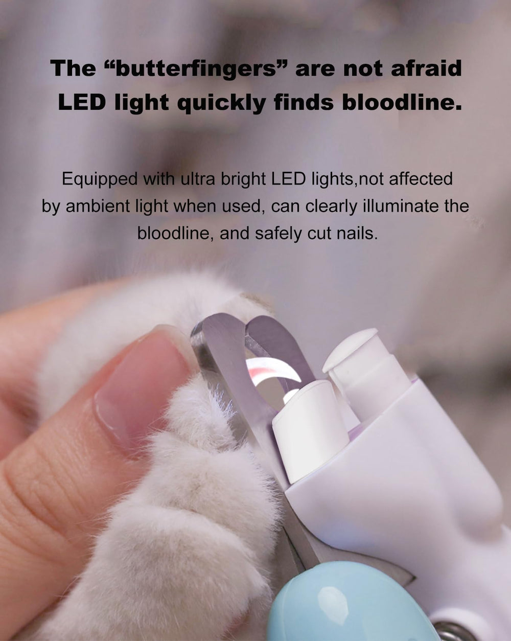 Ginalaia nail clippers light nail-bed blue demonstrates quick visibility for precise quick-line avoidance.