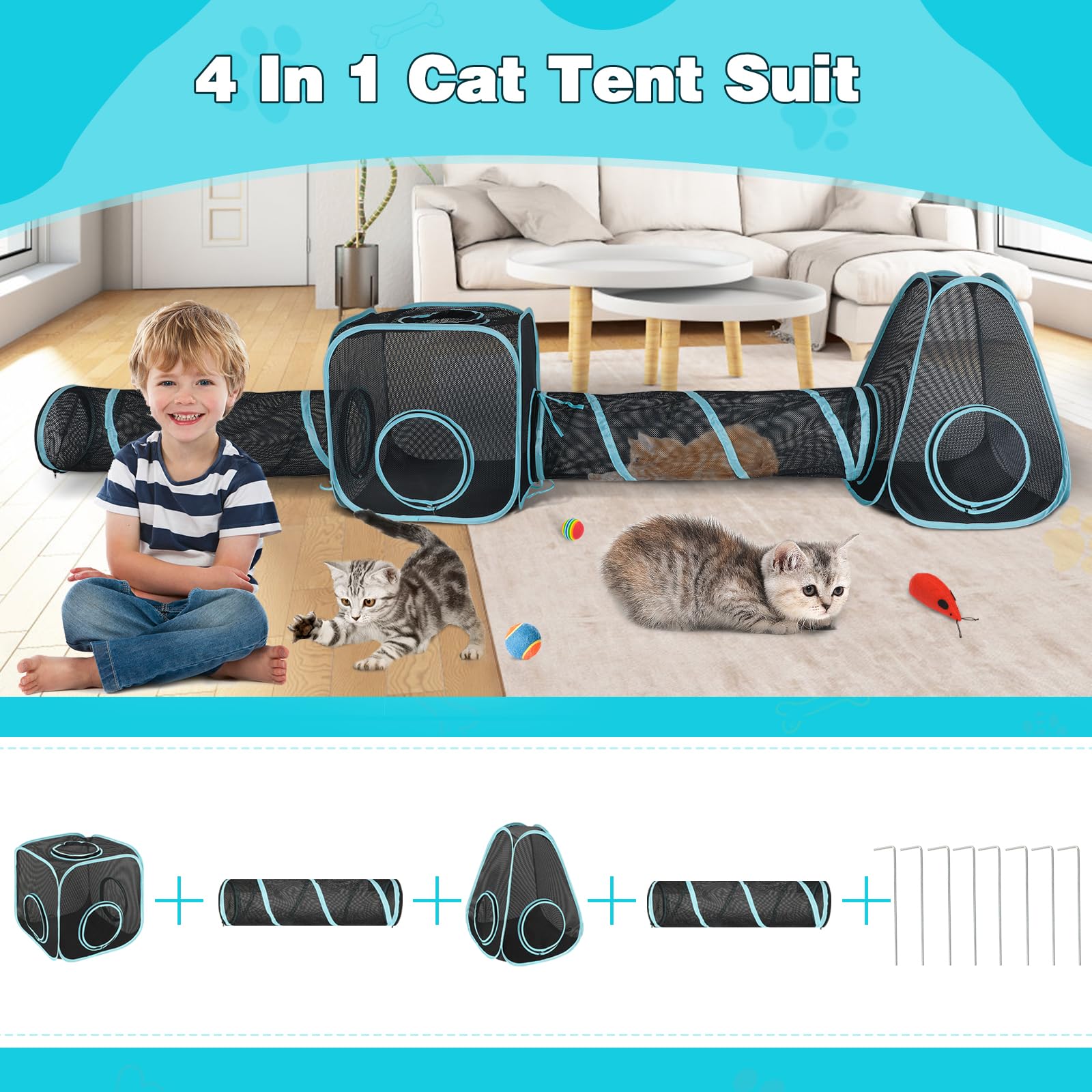 GINDOOR cat playhouse with tunnel assembly showcases versatile play routes.