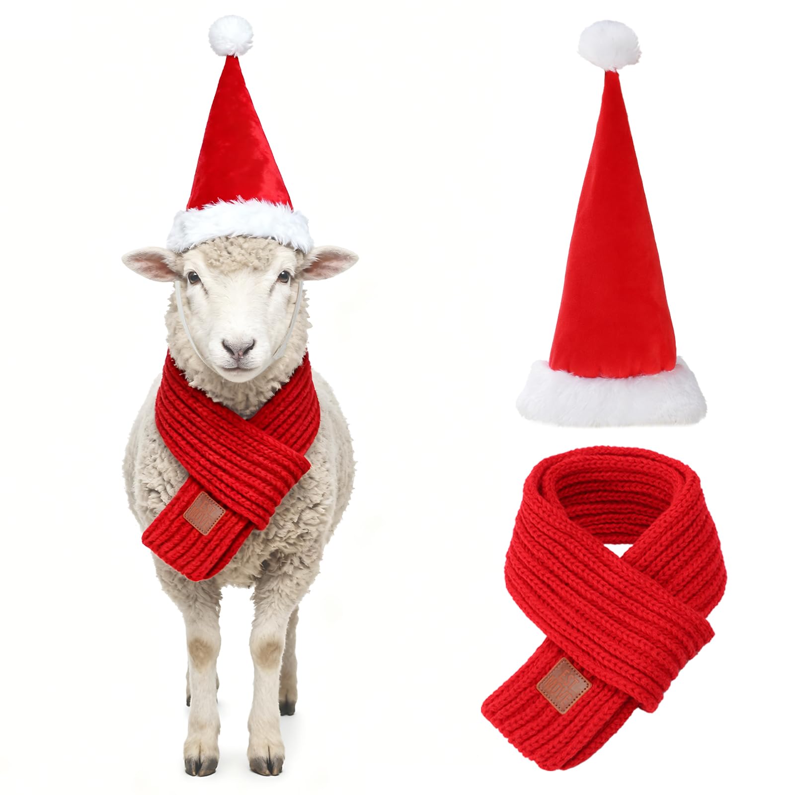 GINDOOR goat-christmas-hat-and-scarf-red set adds festive charm for pet photos.