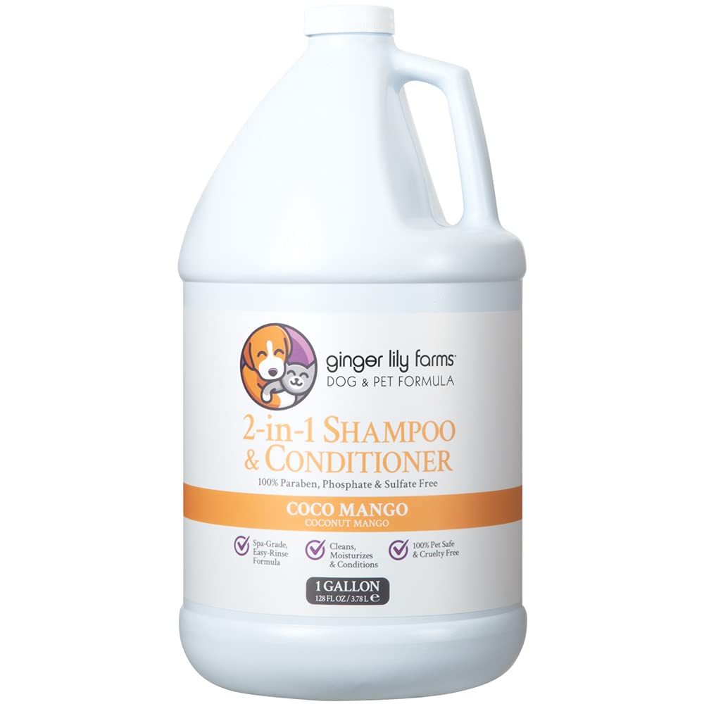 Ginger Lily Farms dog formula shampoo bottle demonstrates spa-grade cleansing for pet coats.