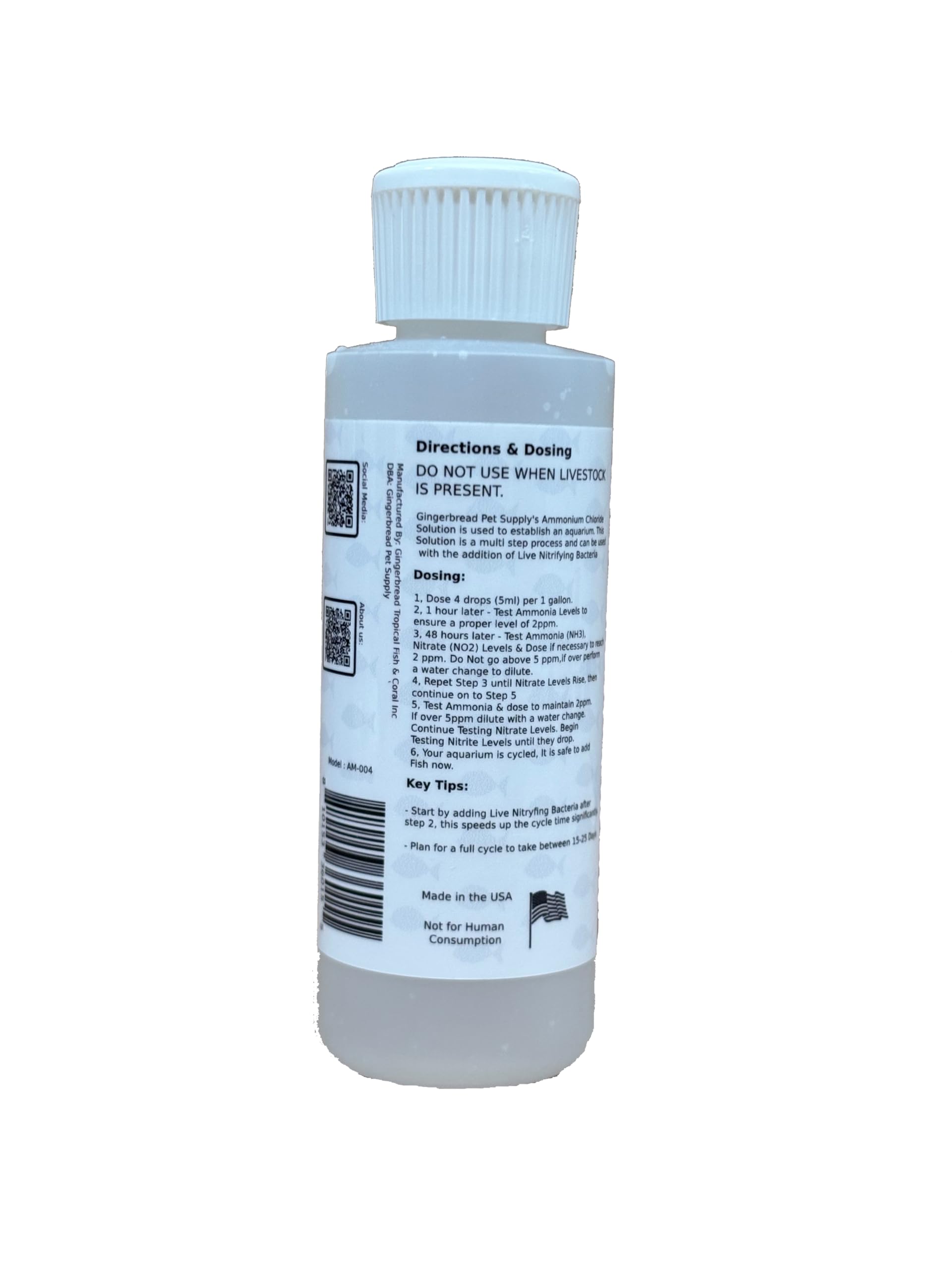Gingerbread Pet Supply ammonium chloride drops used to start aquarium nitrogen cycle.