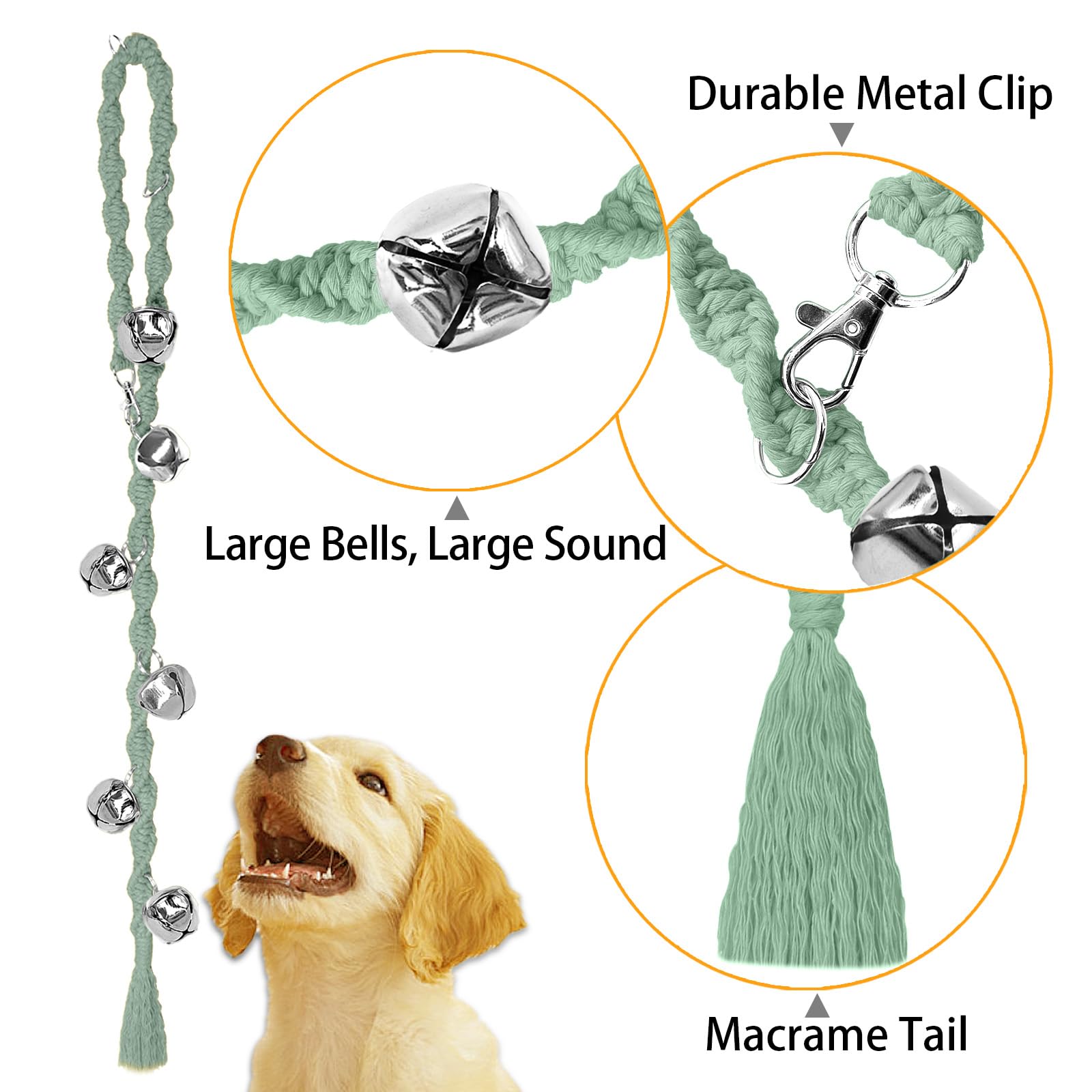 GINIDEAR dog bell closeup-bells demonstrates clear 3.5 cm bells for audible door signals.