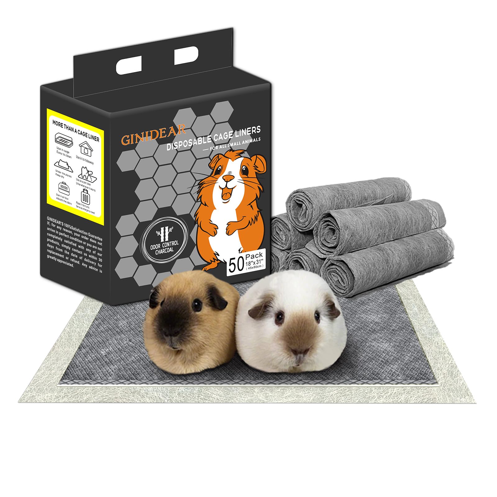 GINIDEAR guinea pig bedding showing charcoal odor-control for a fresher cage