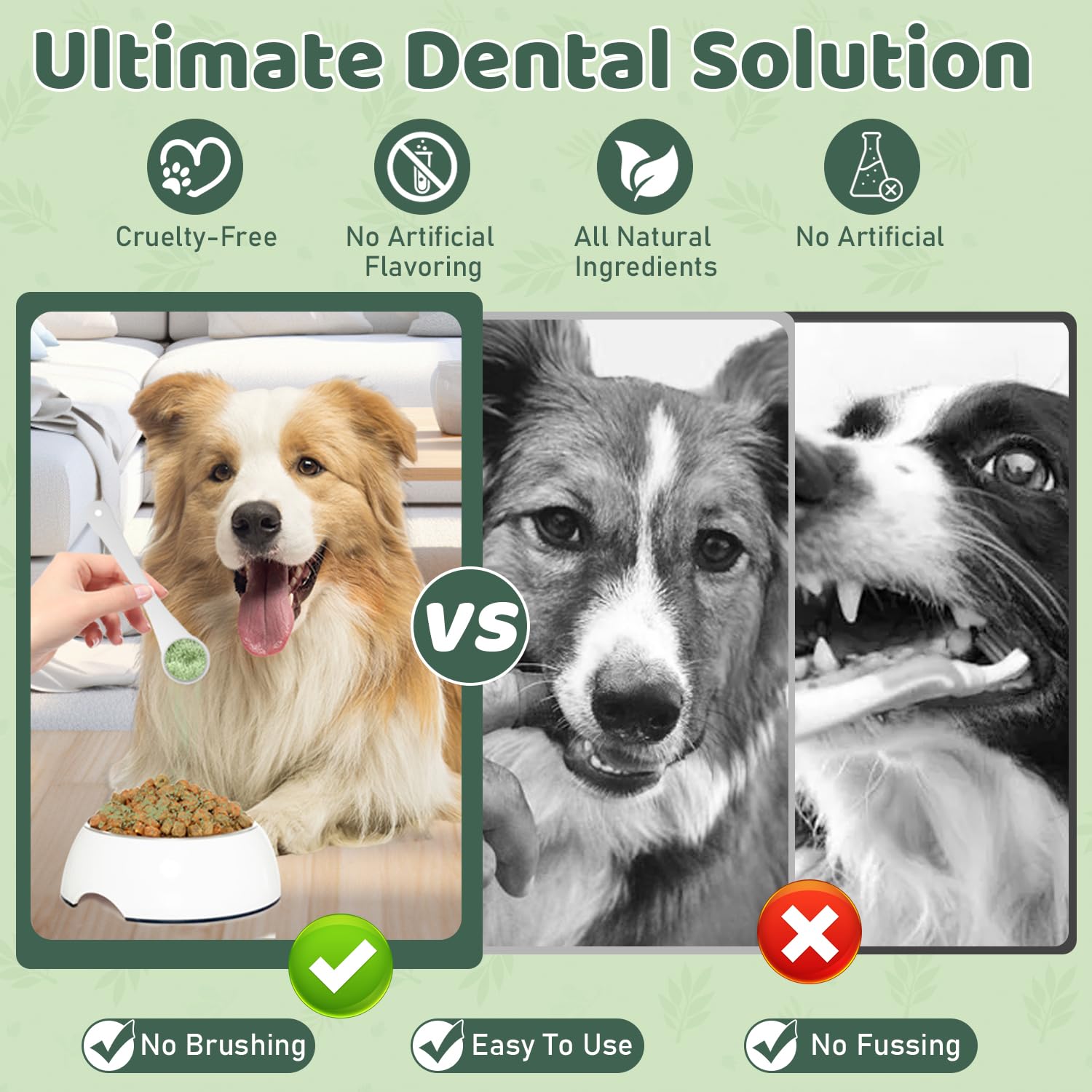 Giovara dog dental powder bottle with scoop ready for easy daily sprinkle.