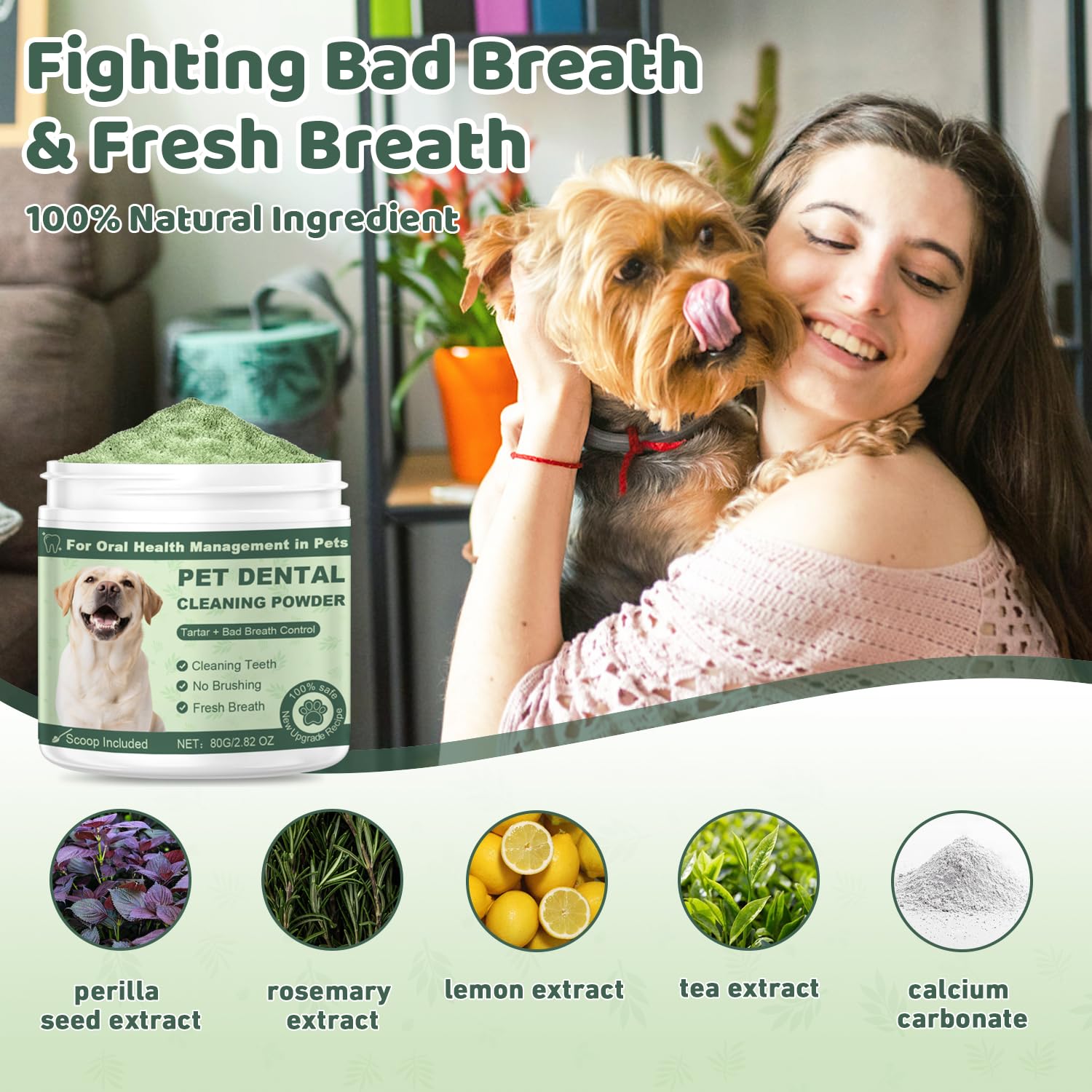 Giovara dog dental powder meat-flavored formula appeals to dogs during dental routine.
