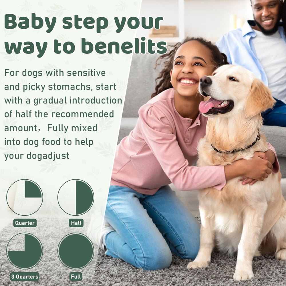 Giovara dog dental powder close-up shows natural extracts and calcium carbonate.