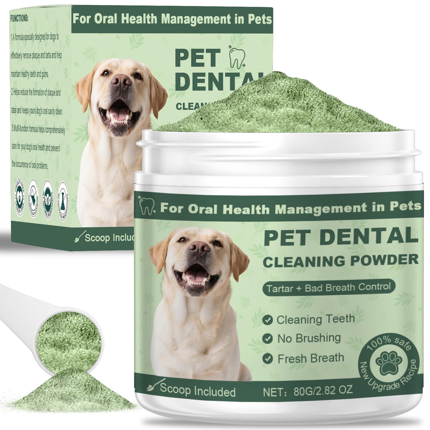Giovara dog dental powder packaging highlights tartar control and fresh breath potential.