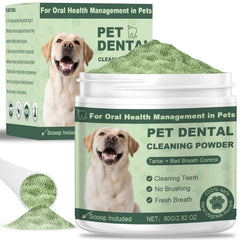 Giovara dog dental powder packaging highlights tartar control and fresh breath potential.