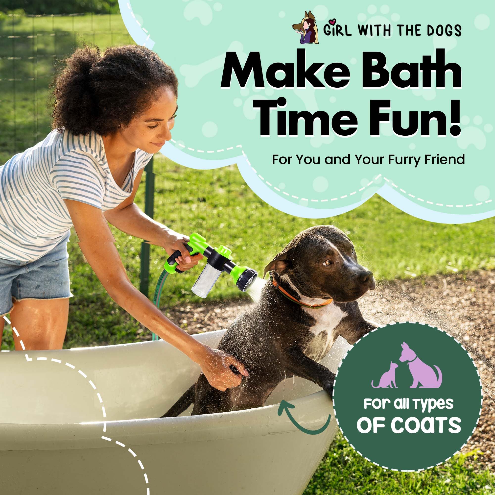 Girl With The Dogs easy-attach dog shampoo accessory for fast setup.