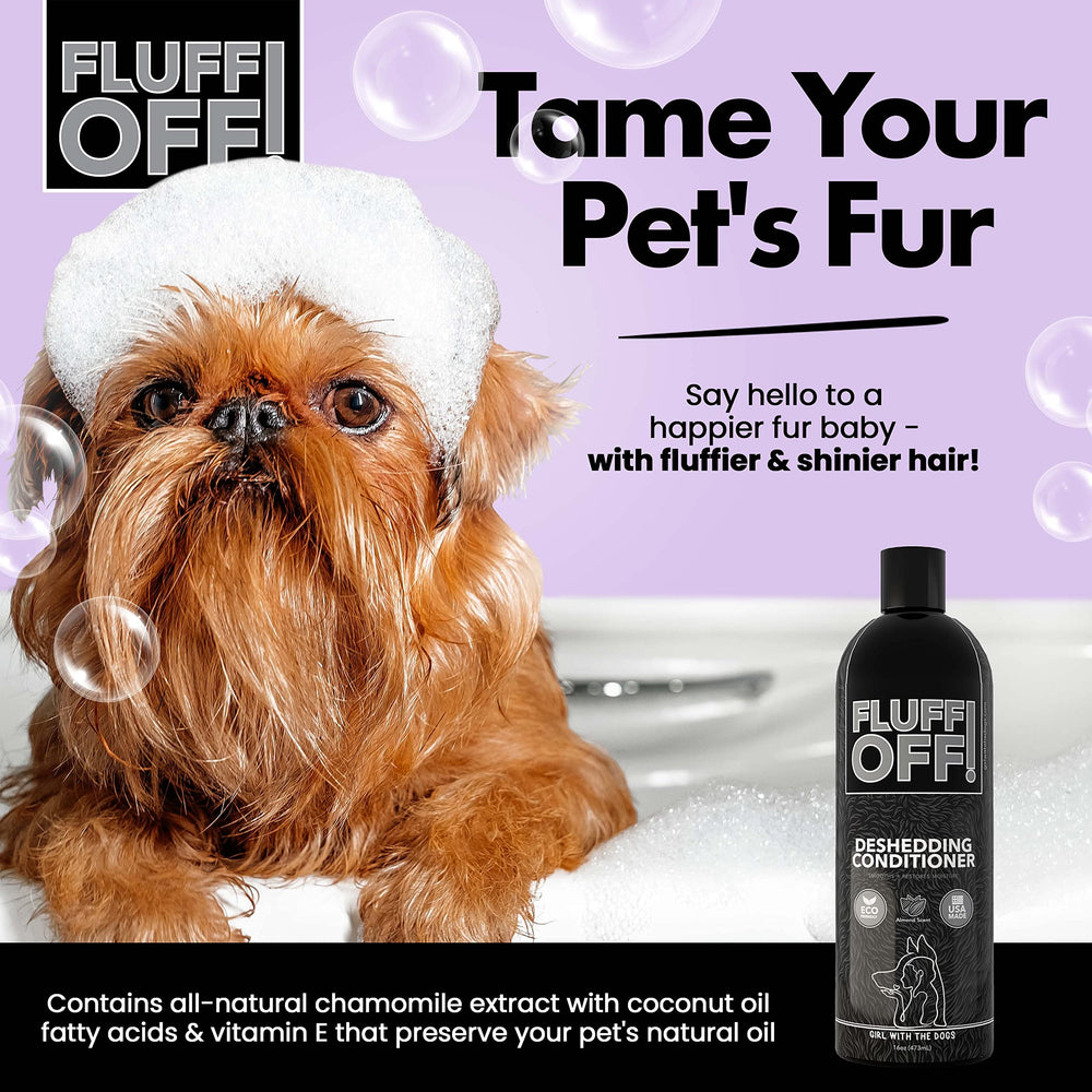 Girl With The Dogs Fluff Off application on dog shows undercoat reach and reduced shedding potential.