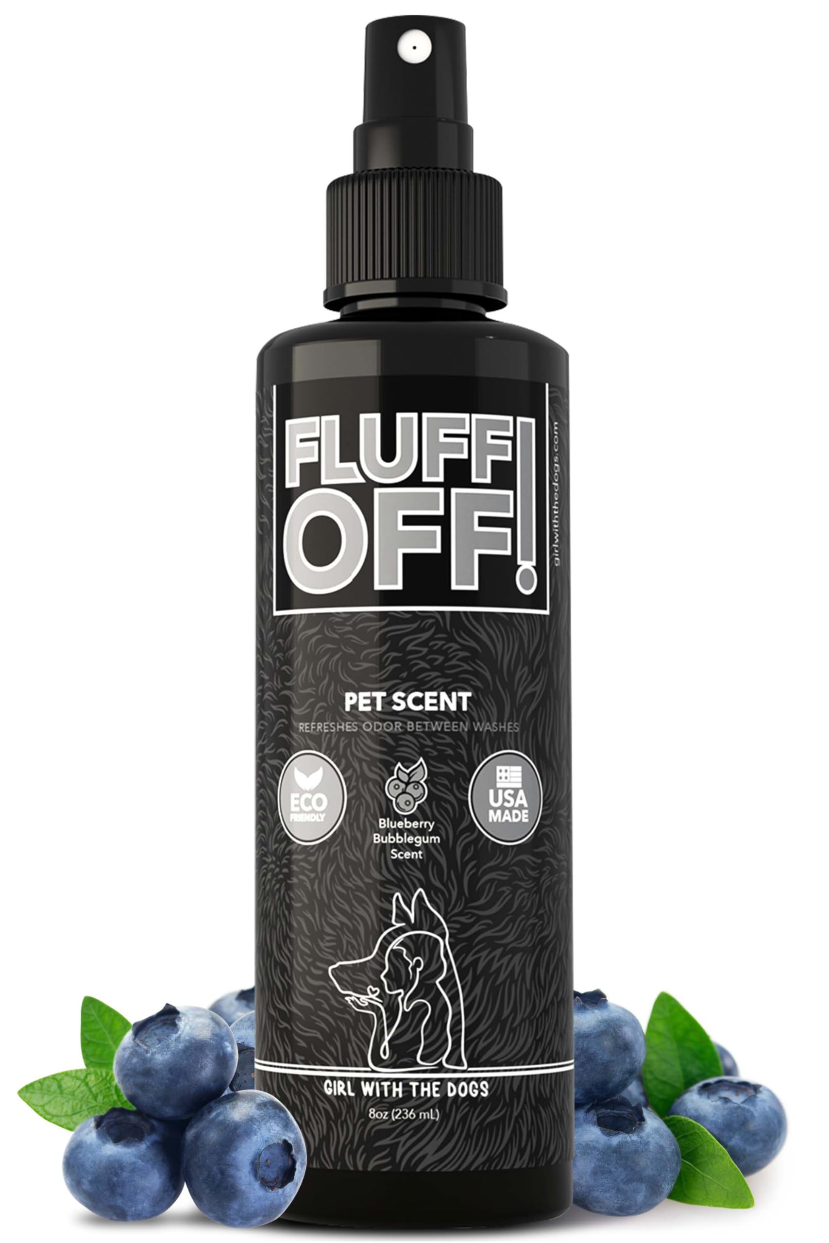 Girl With The Dogs Fluff Off Blueberry Bubblegum bottle for quick pet refresh.