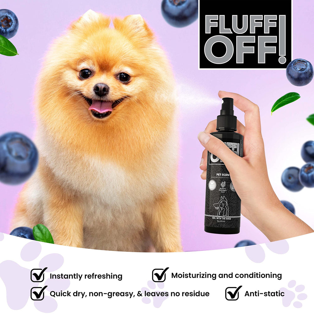 Girl With The Dogs Fluff Off cat-and-dog safe formula for on-the-go freshening.