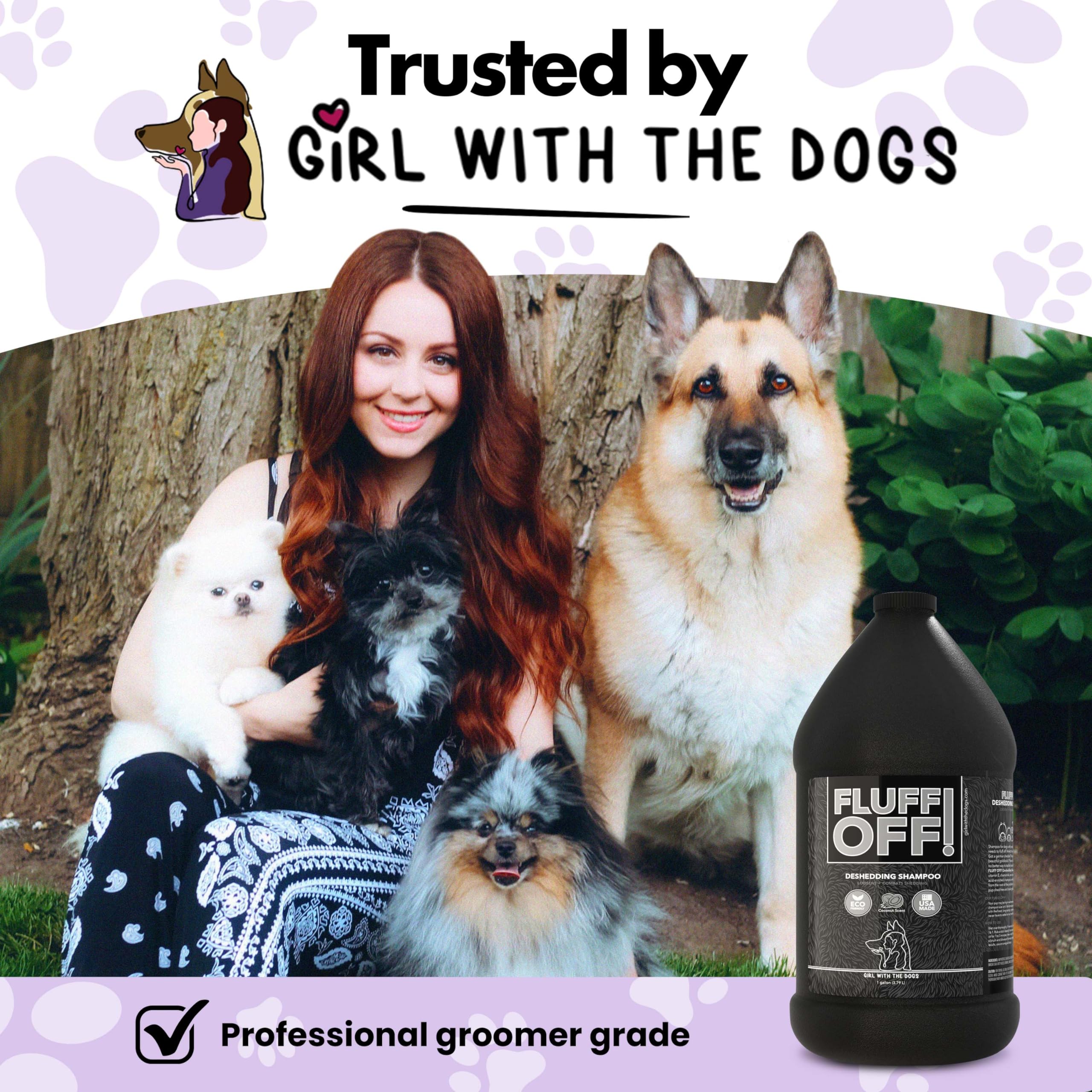 Girl With The Dogs Fluff Off bottle lathers into coat for deep cleansing.