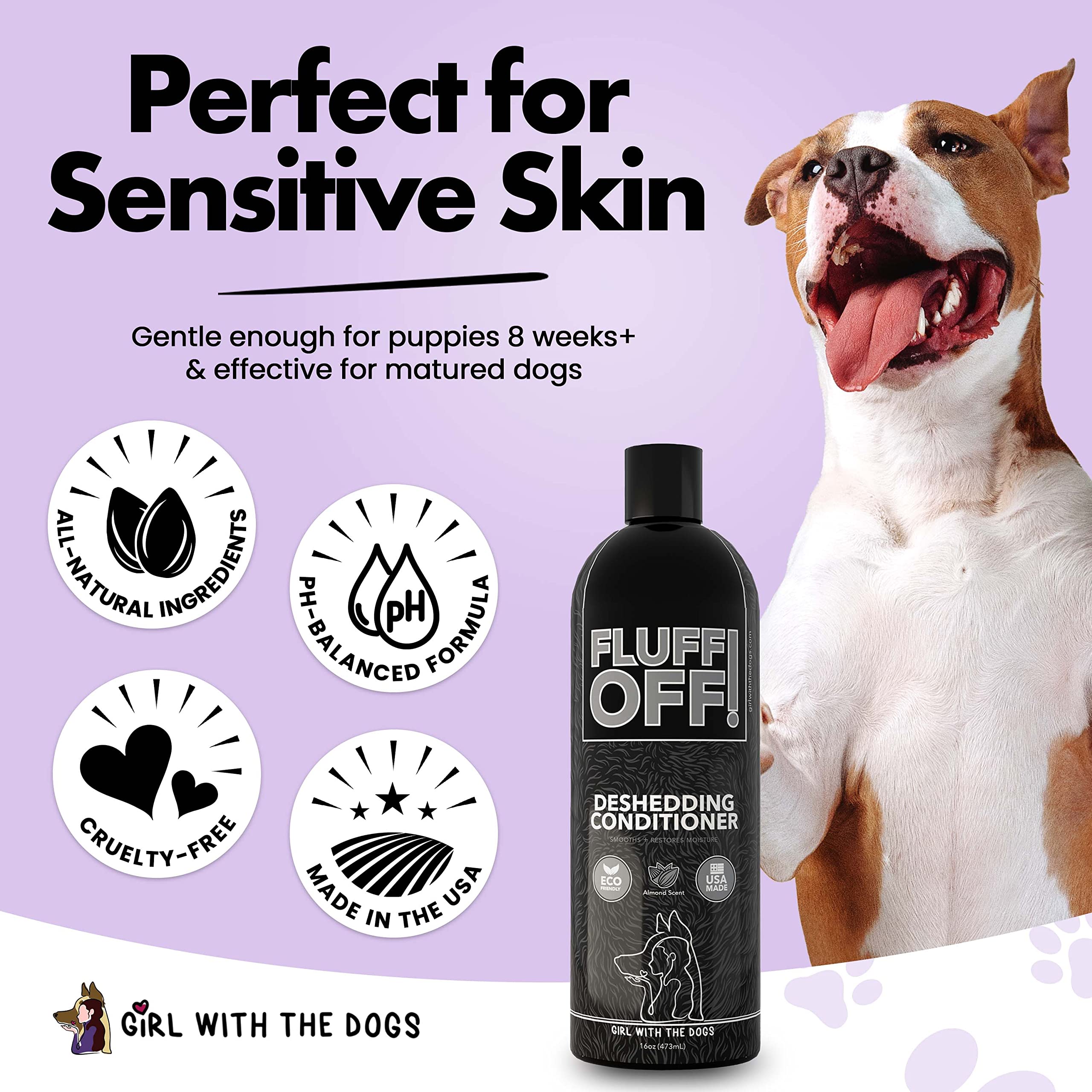 Girl With The Dogs Fluff Off dilution 2 gallons emphasizes economical grooming solution.