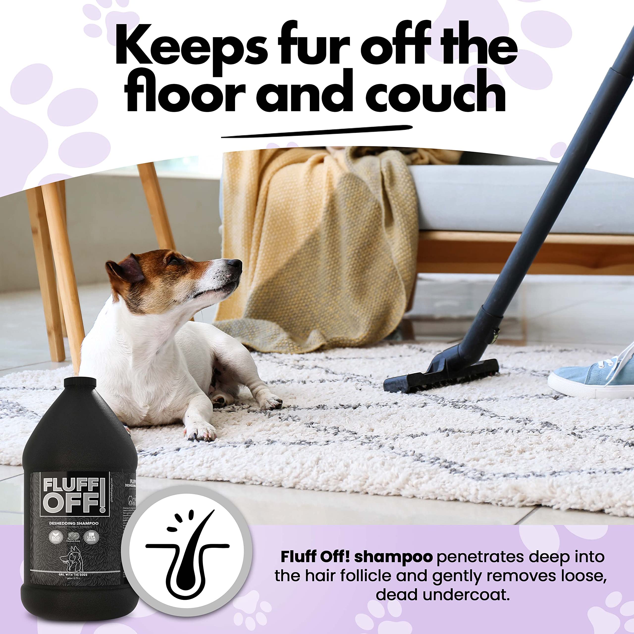 Fluff Off bottle for dogs and cats provides economical dilution to 32 gallons.