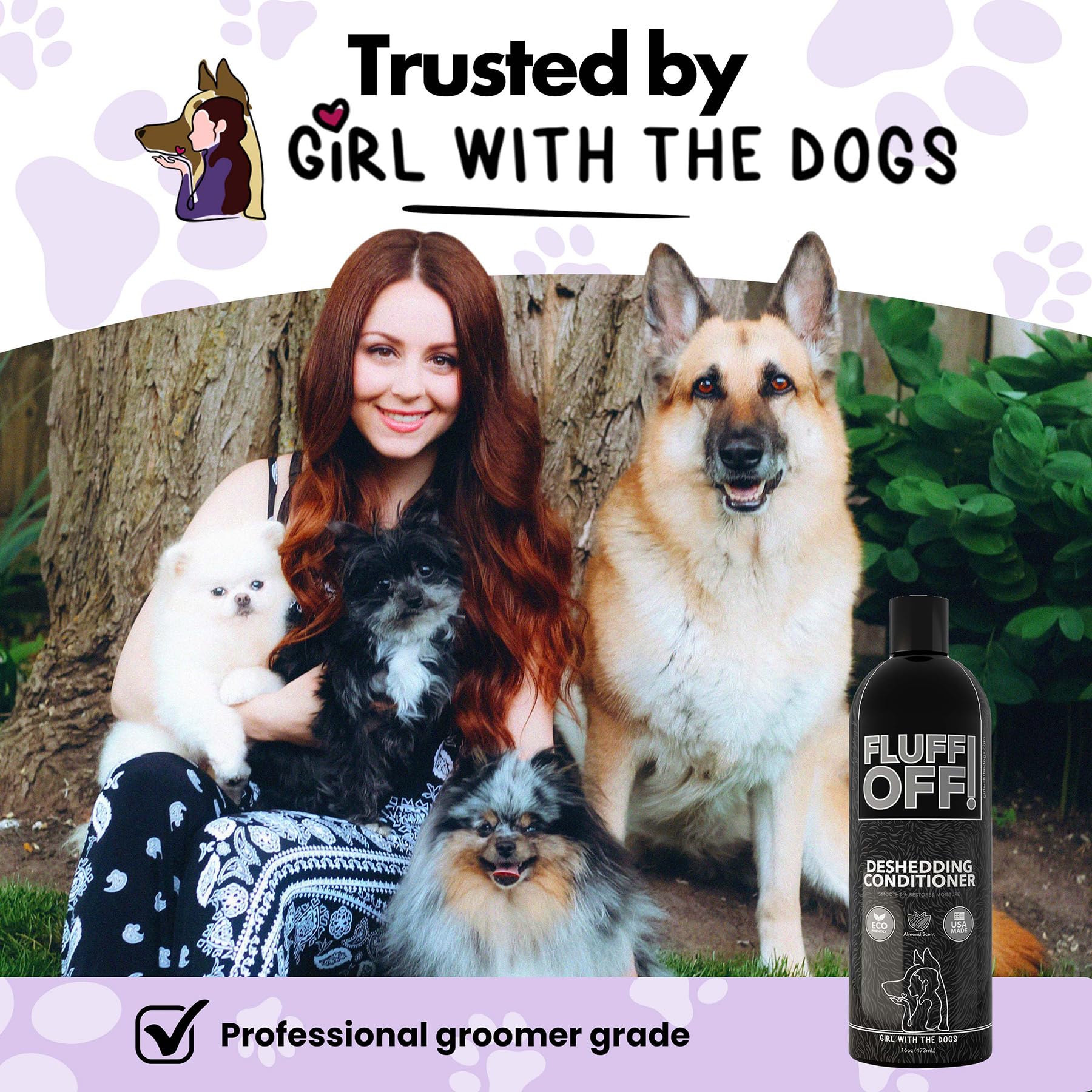 Girl With The Dogs Fluff Off label closeup highlights natural ingredients for gentle care.