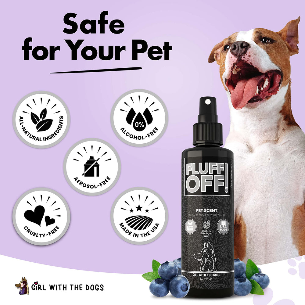 Girl With The Dogs Fluff Off natural ingredients badge highlights cruelty-free composition.