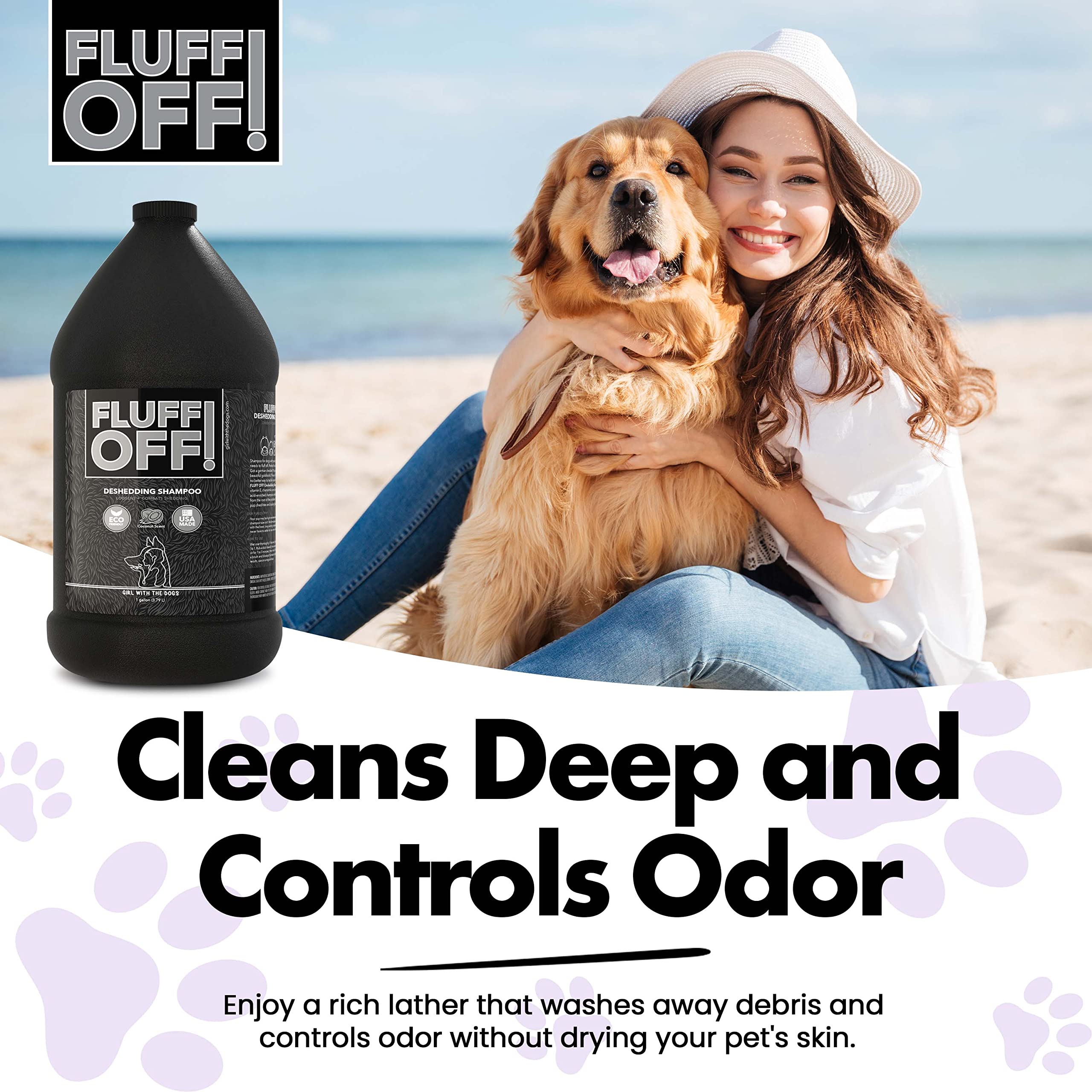 Pet bath in progress with Fluff Off shampoo delivering a clean scent.