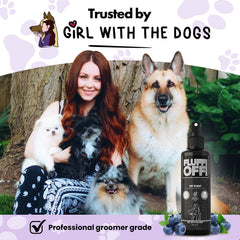 Girl With The Dogs Fluff Off spray-application demonstrates quick scent refresh for pets.