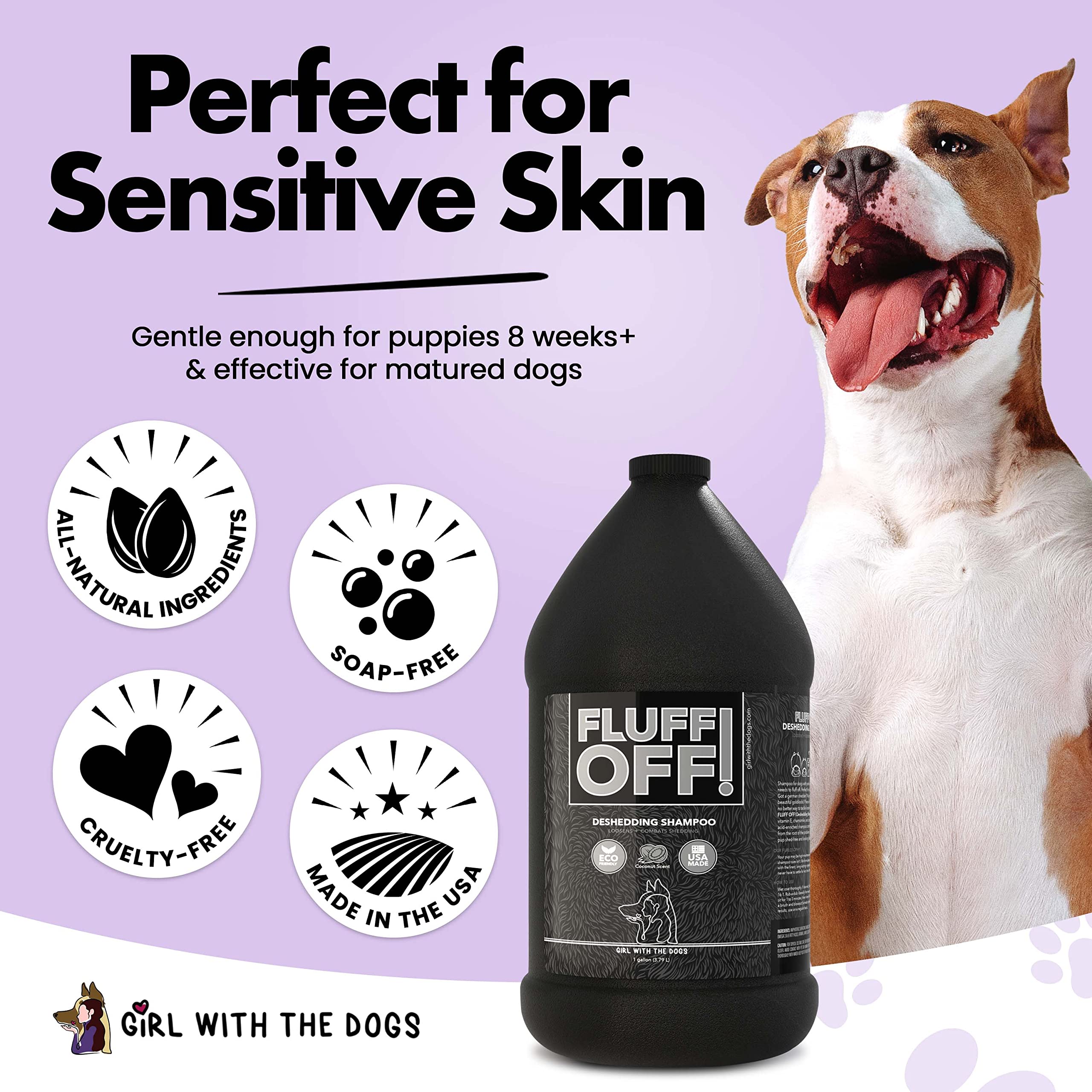 Fluff Off by Girl With The Dogs bottle shows cruelty-free, USA-made formula.