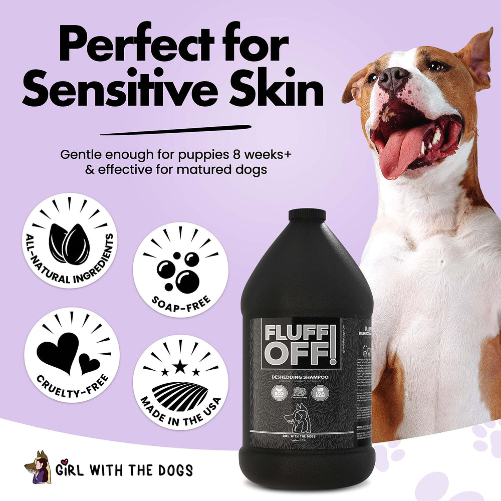 Fluff Off by Girl With The Dogs bottle shows cruelty-free, USA-made formula.
