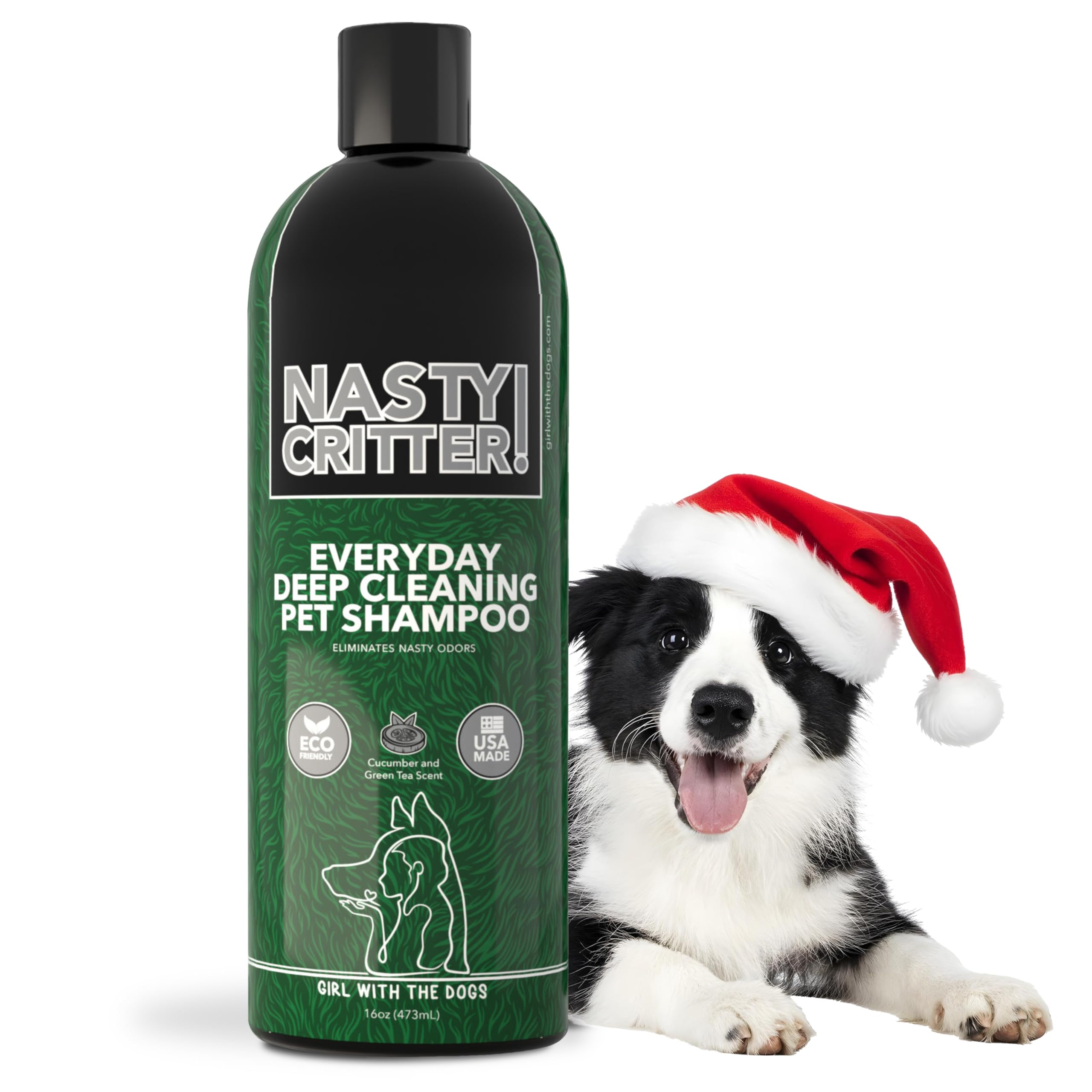 Girl With The Dogs Nasty Critters 16oz bottle front keeps baths quick with cucumber scent.