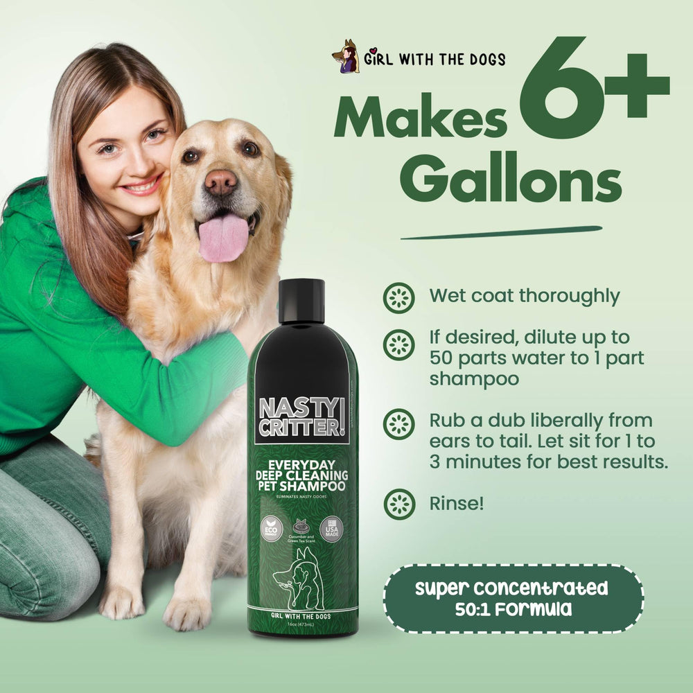 Girl With The Dogs Nasty Critters dilution yields up to 6 gallons for economical baths.