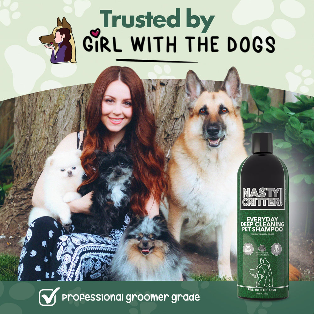 Girl With The Dogs Nasty Critters hypoallergenic shampoo label highlights gentle cleansing for sensitive skin.