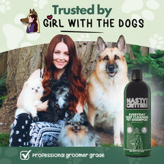 Girl With The Dogs Nasty Critters hypoallergenic shampoo label highlights gentle cleansing for sensitive skin.