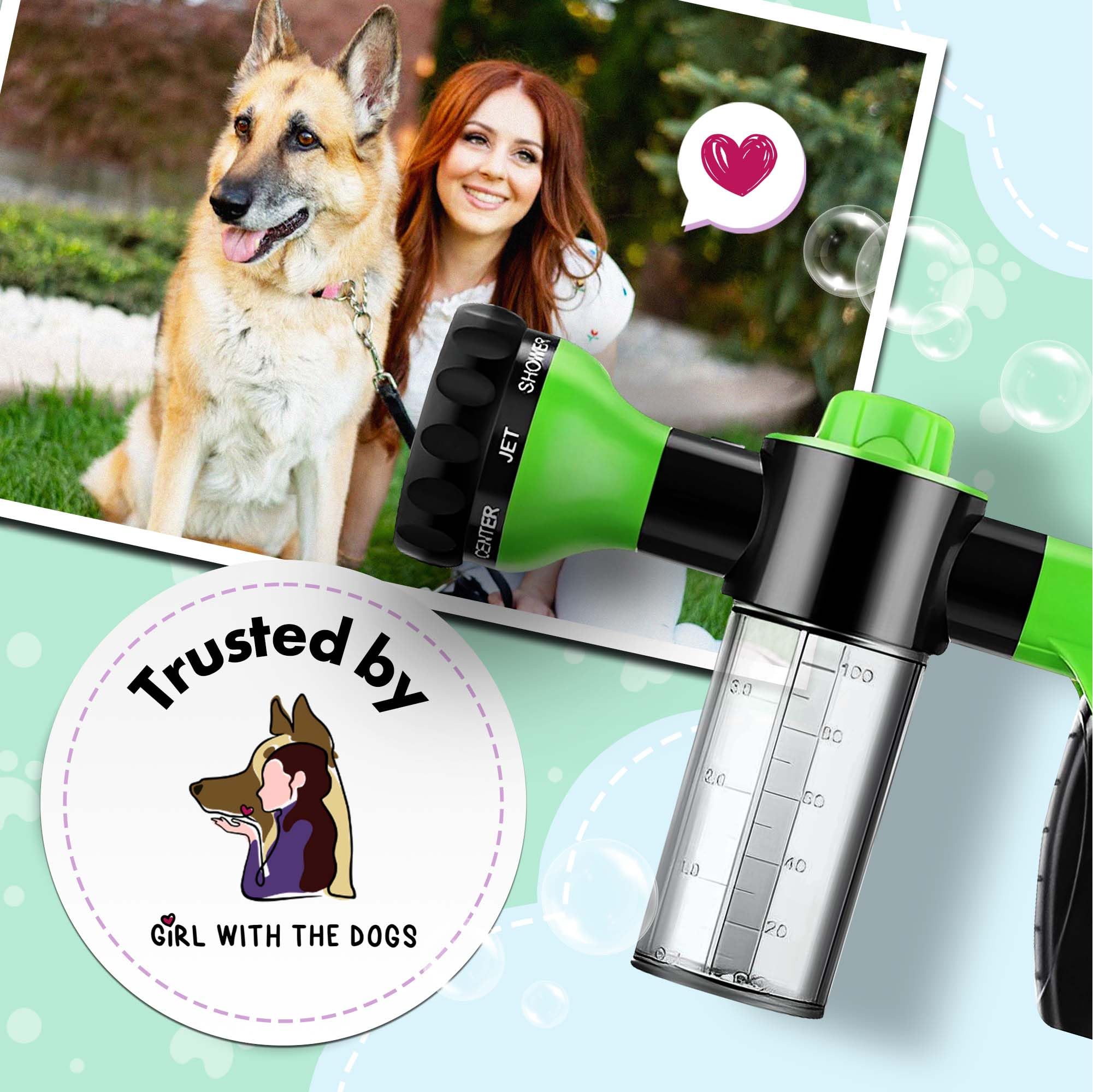 Girl With The Dogs pet wash sprayer nozzle attachment simplifies quick, controlled soap application.