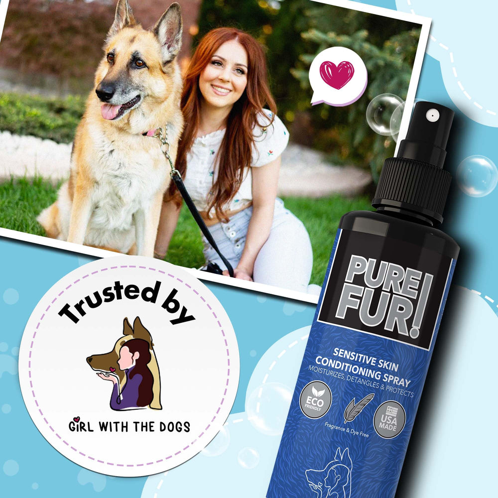 Pure Fur! spray application on a dog's coat for detangling.