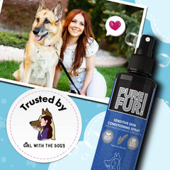 Pure Fur! spray application on a dog's coat for detangling.