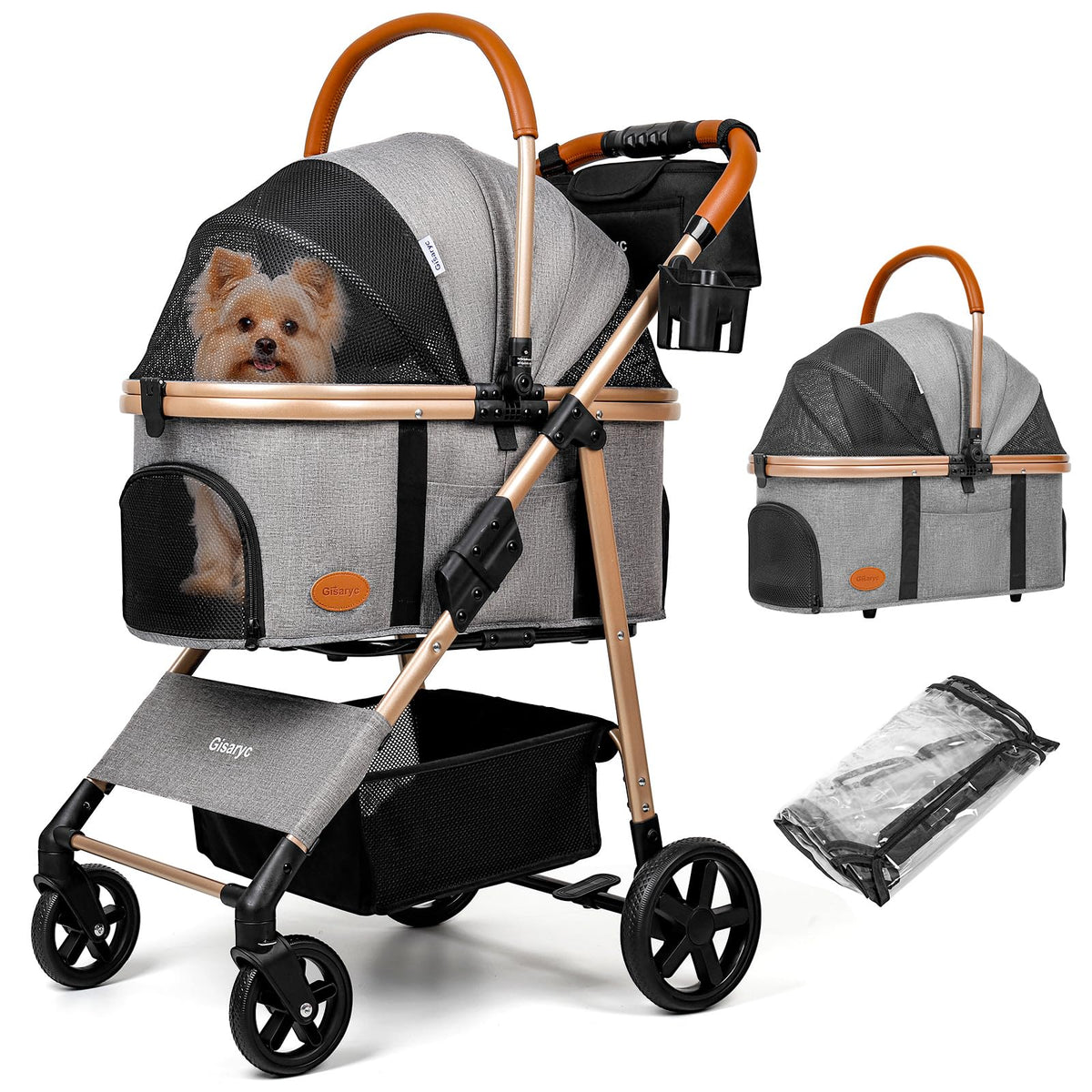 Gisaryc Dog Cat Stroller front view showing smooth 360° wheel navigation