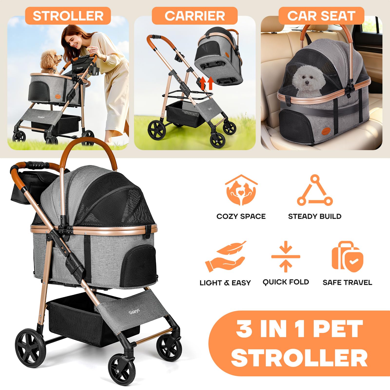Gisaryc Dog Cat Stroller side-entry design for easy pet access