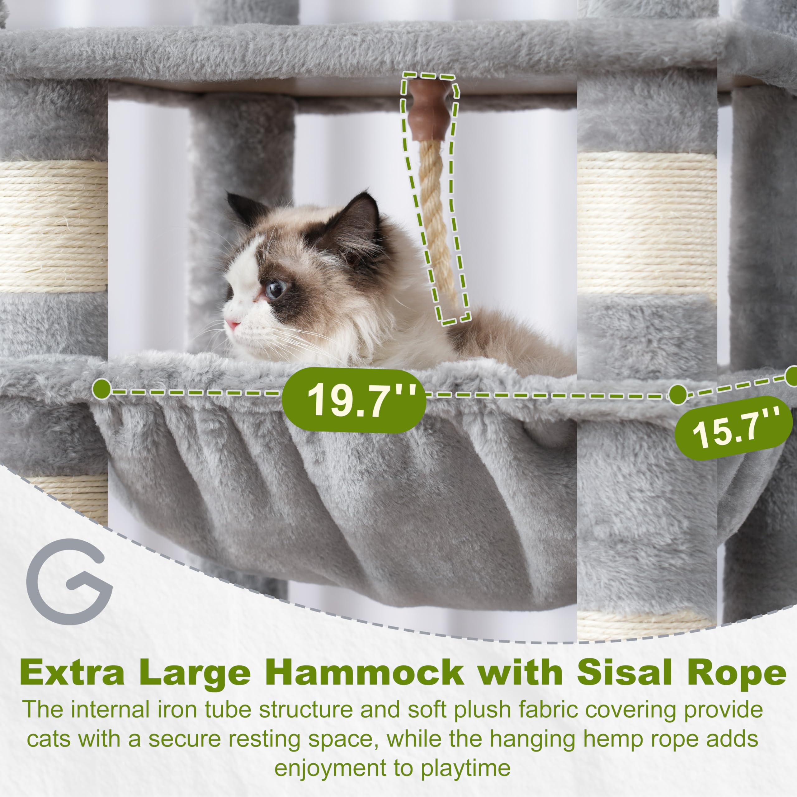 Gitelsnour Cat Tree baskets and hammock visually cozy spaces for relaxing naps.