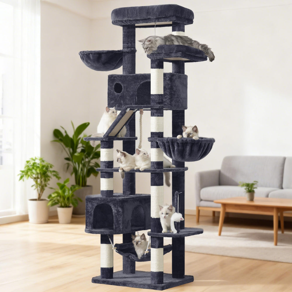 Gitelsnour cat tree dark gray finish complements modern interiors while entertaining cats.