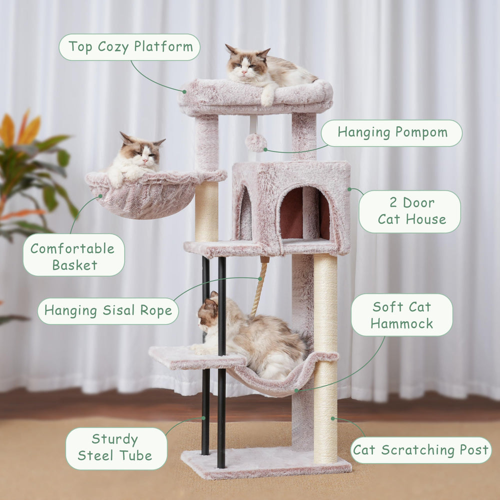 Gitelsnour cat tree hanging basket offers secure den and naptime comfort.