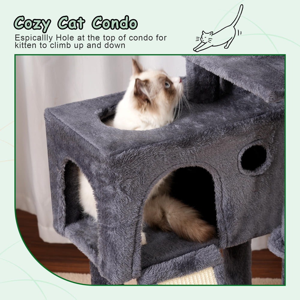 Gitelsnour cat tree plush-wrapped posts provide soft textures for scratch sessions.