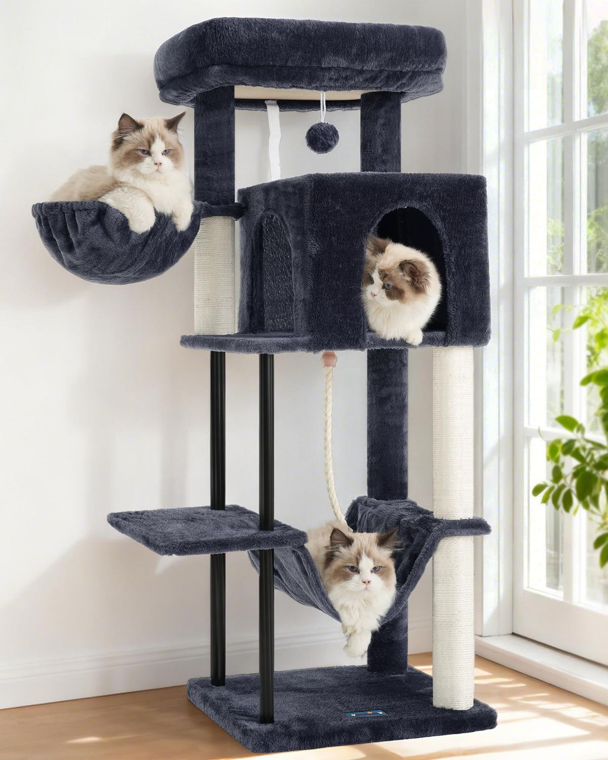 Gitelsnour cat tree smoky gray top platform offers a cozy sunlit perch for kittens.