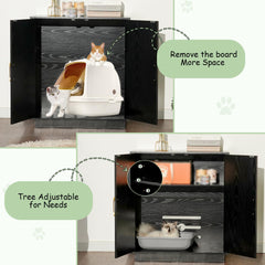 Gitelsnour Litter Box Enclosure hidden-storage-shelf enables easy access to litter supplies.