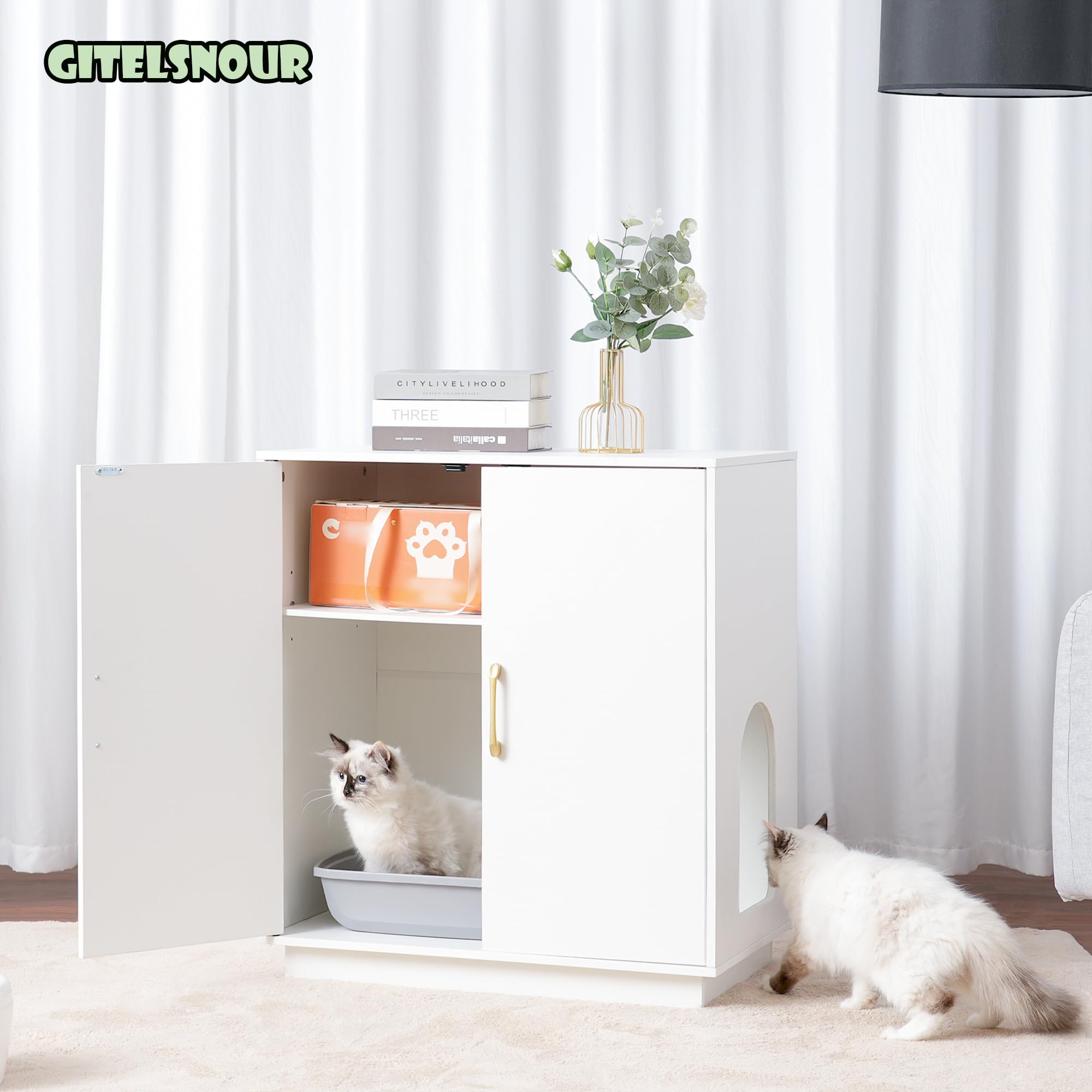 Gitelsnour litter enclosure white finish blends with home decor.