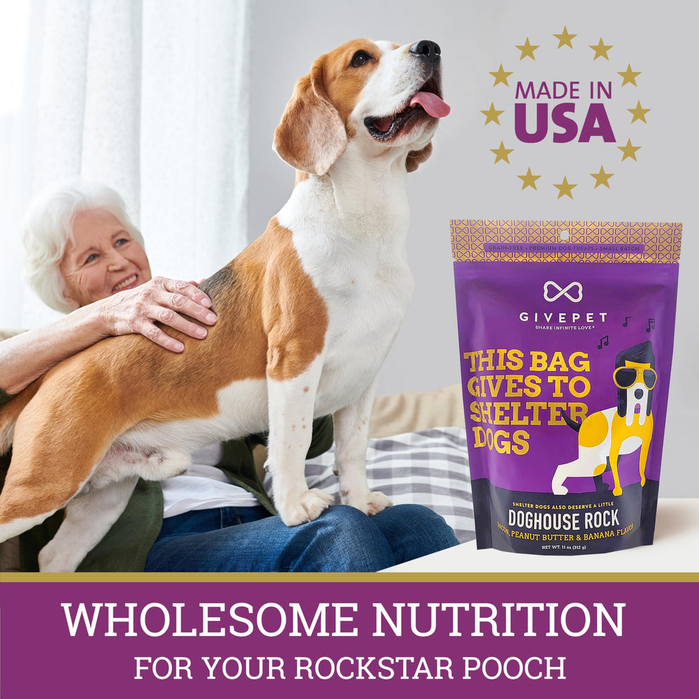 GivePet Doghouse Rock bag highlighting shareable snacks for dogs of all sizes