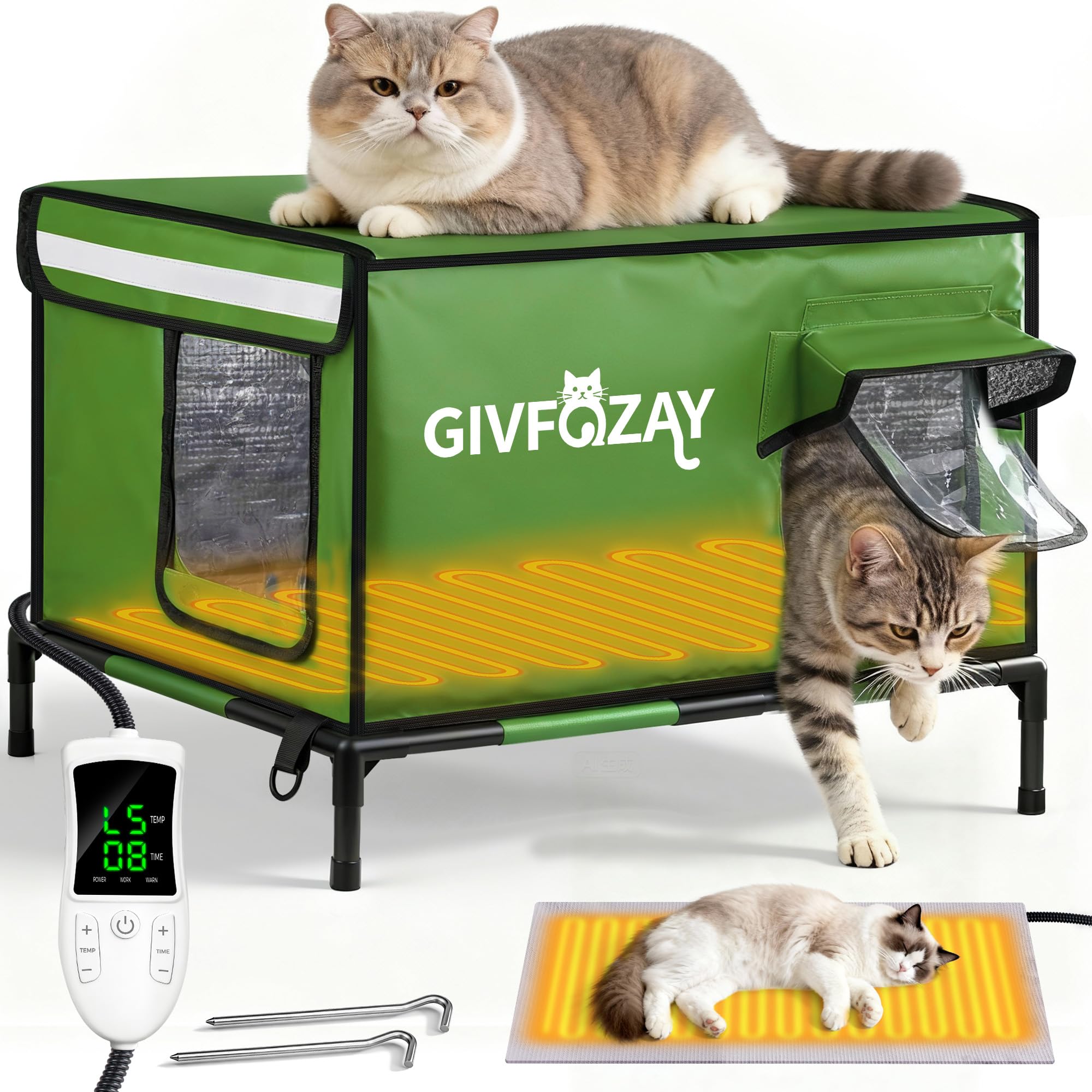 GIVFOZAY outdoor cat house front view showing weatherproof shelter for harsh seasons.