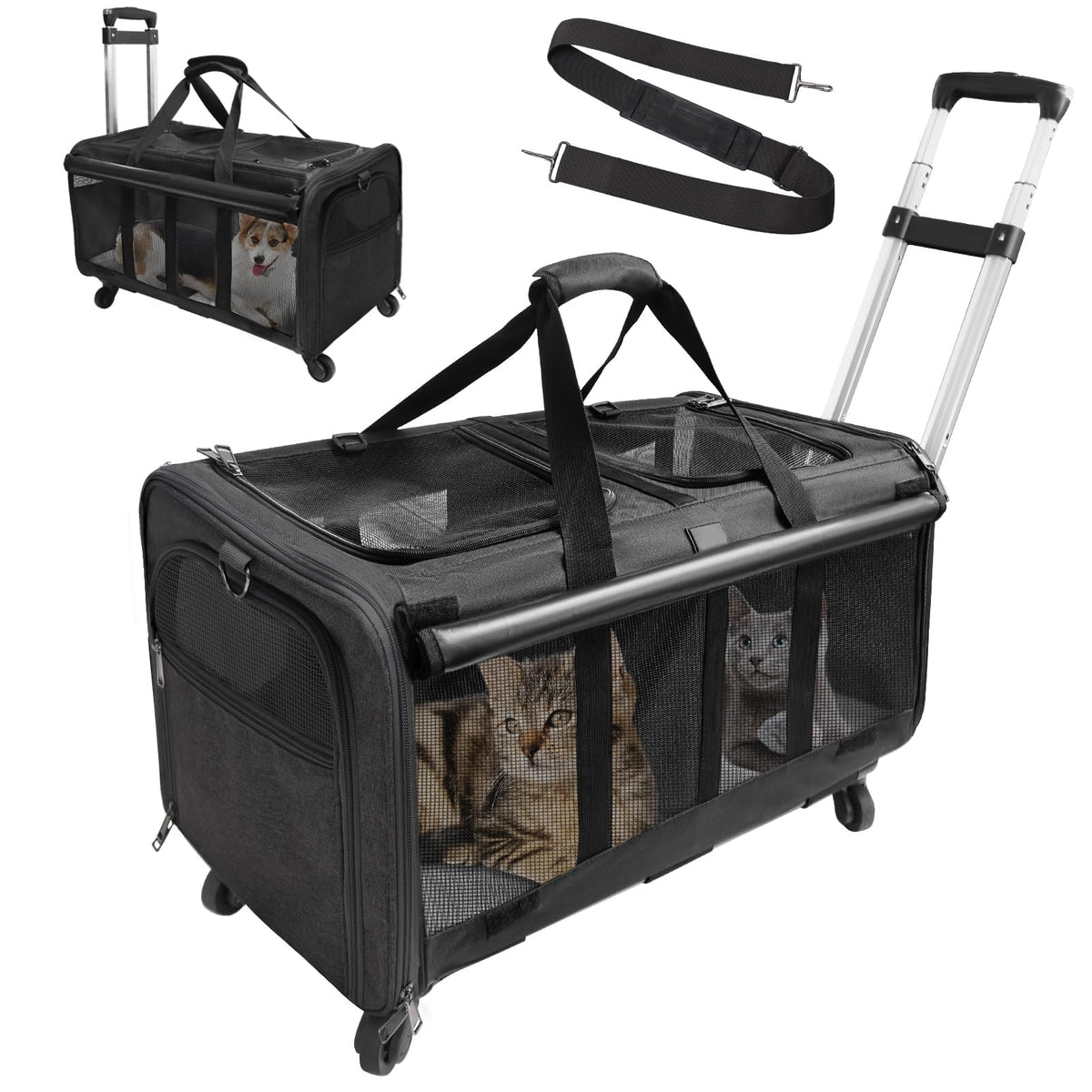 GJEASE Cat Rolling Carrier front view with dual compartments for two pets during travel