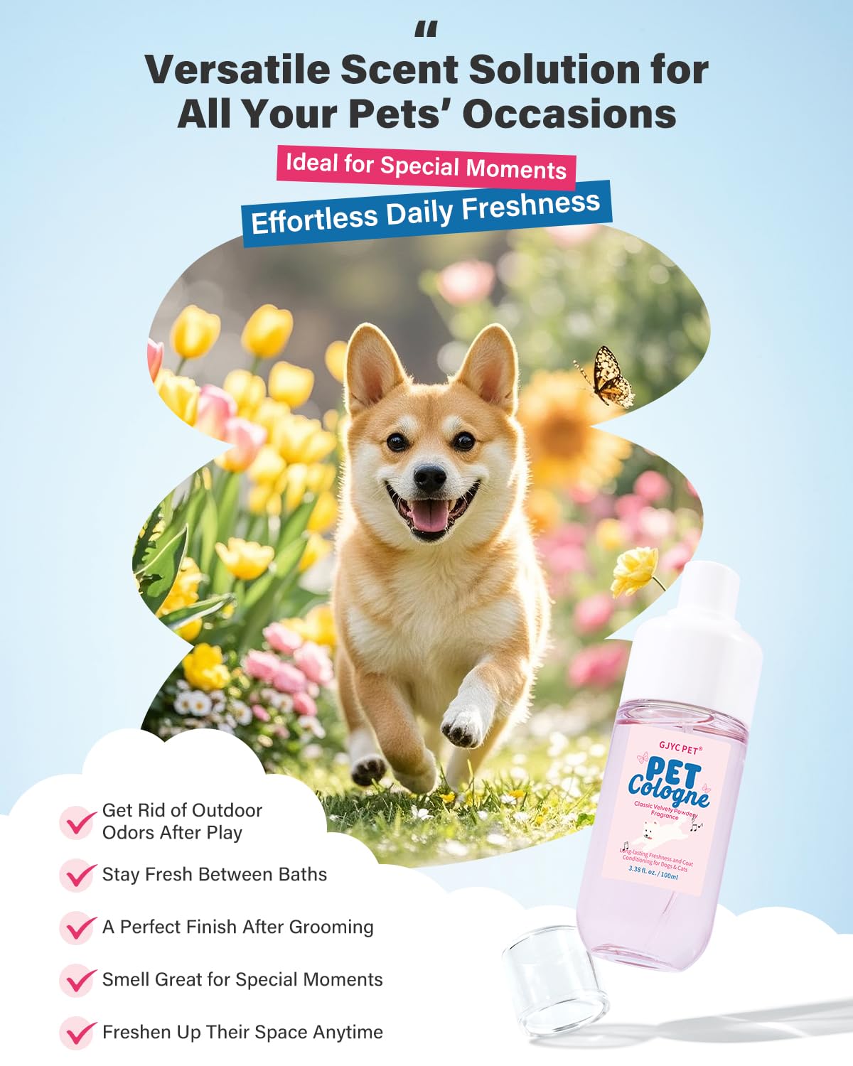 GJYC PET label detail highlights aloe vera and chamomile for gentle coat care