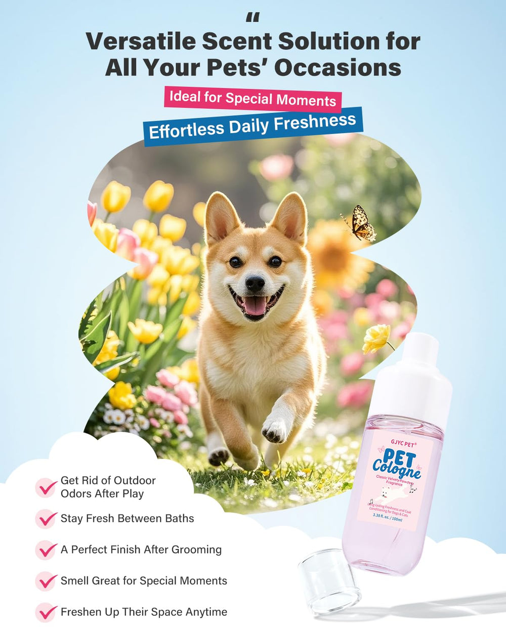 GJYC PET label detail highlights aloe vera and chamomile for gentle coat care