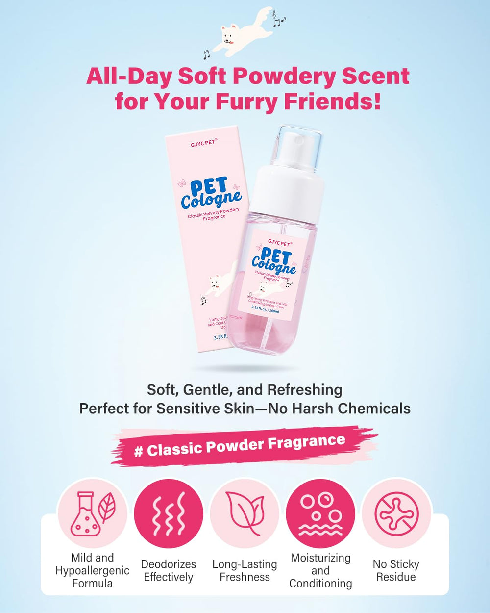 GJYC PET dog and cat cologne spray-action image shows quick odor-control refresh