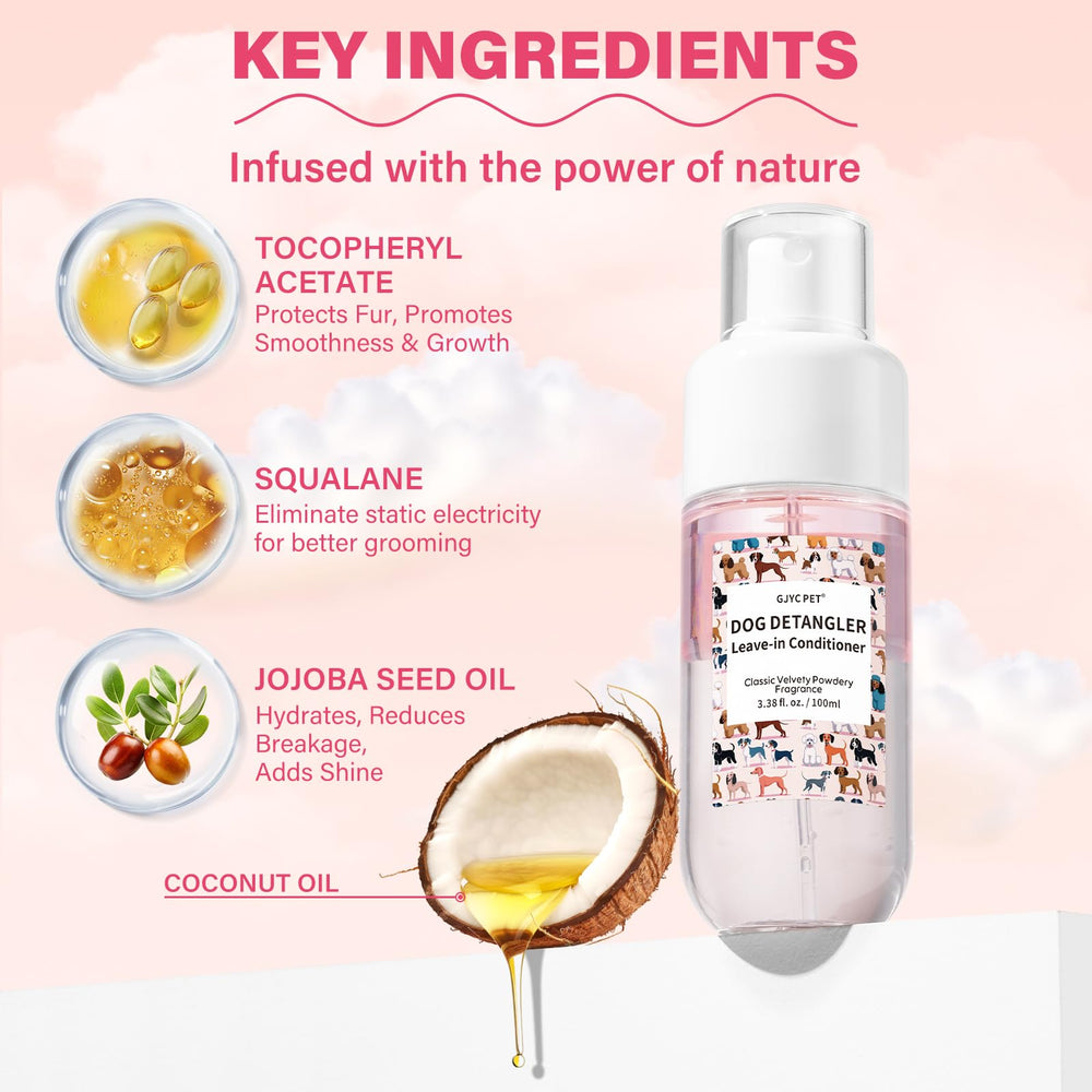 GJYC PET Dog Detangler bottle closeup highlighting nourishing oils.