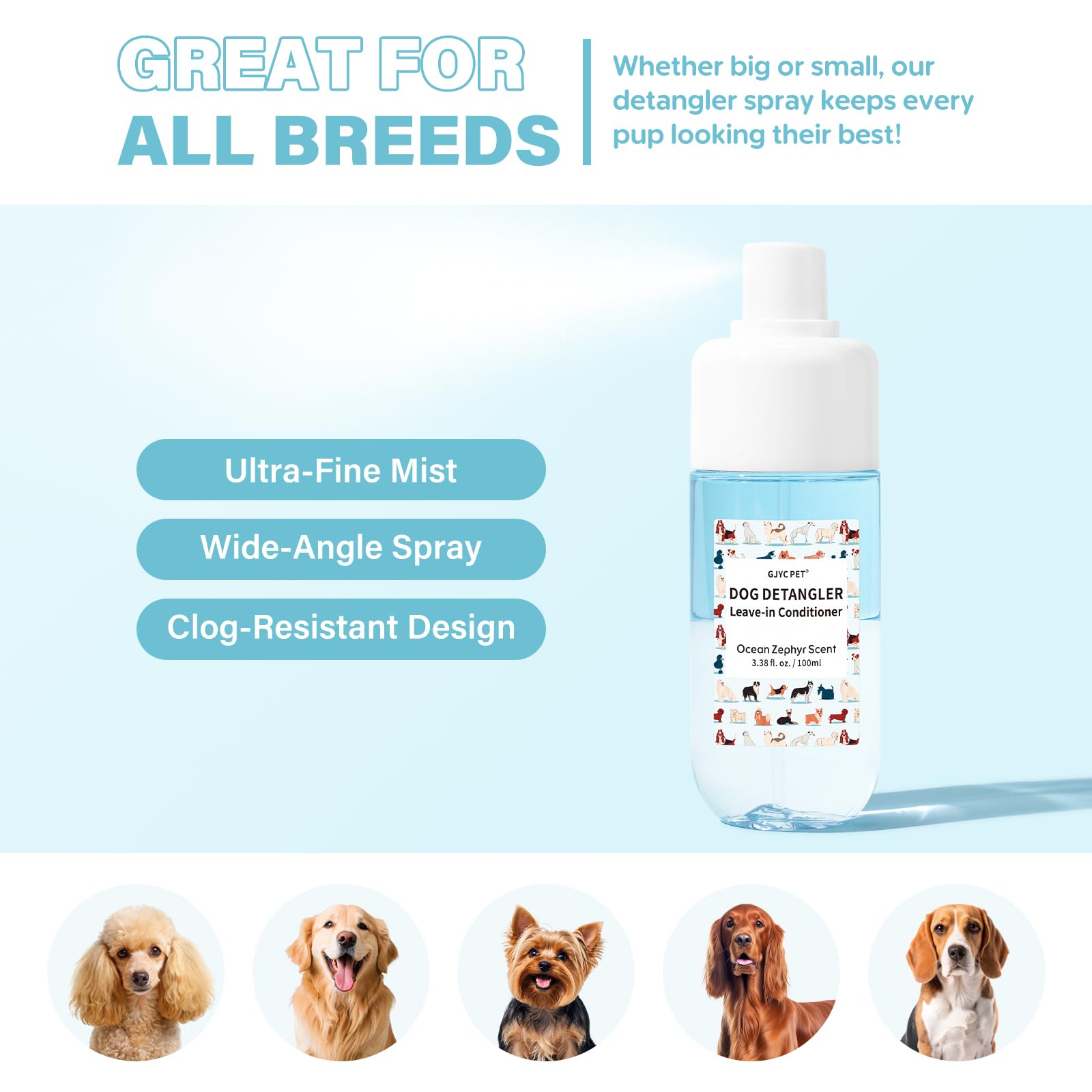 GJYC PET detangler enhances coat shine on a long coat.